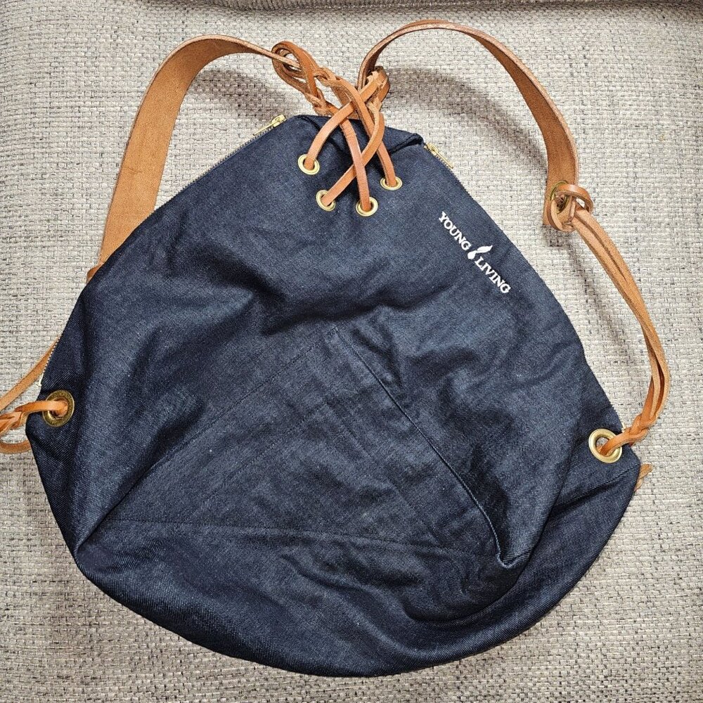 Treehouse Designs Maui Young Living‎ Denim Leather Straps Backpack Zip